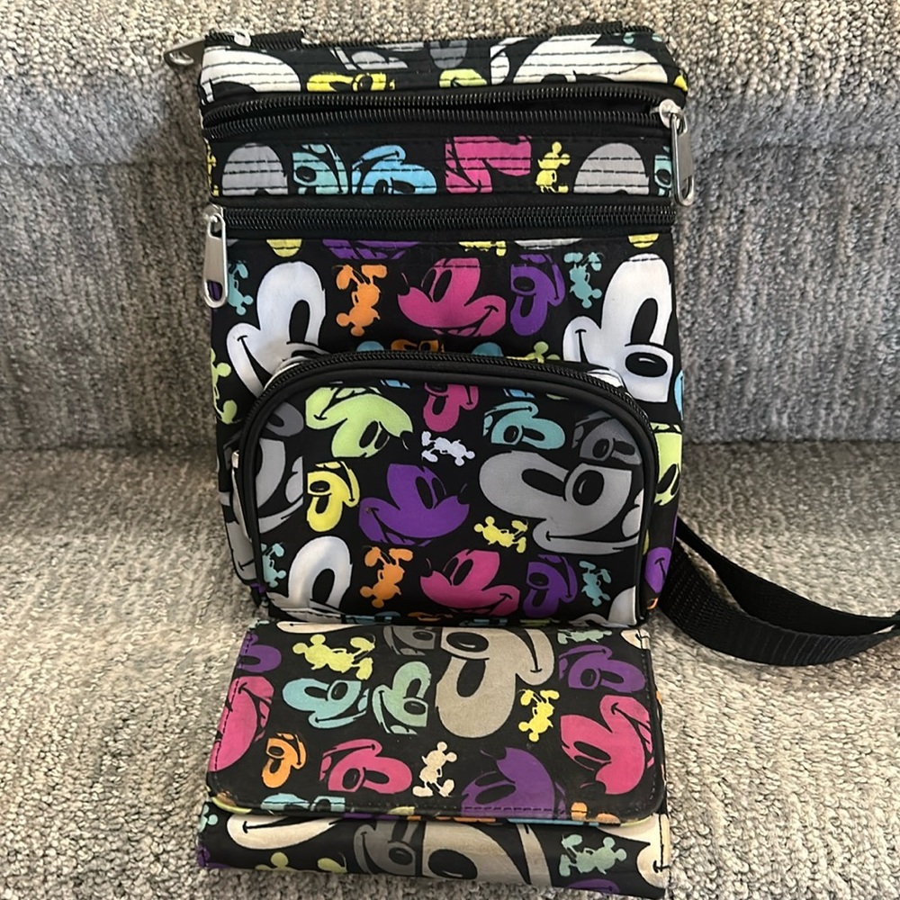 Disney Parks  Mickey Mouse Black 3 Zipper Crossbody Shoulder Bag and wallet